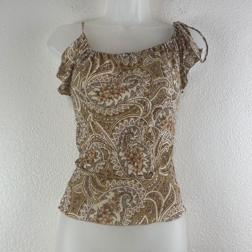 Vtg Charlotte Russe Paisley Floral Cold Shoulder Top Small Brown Tan Y2K Boho